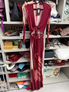 Fashion Nova Burgundy Tie-Front Maxi Dress with Cream and Pink Stripes